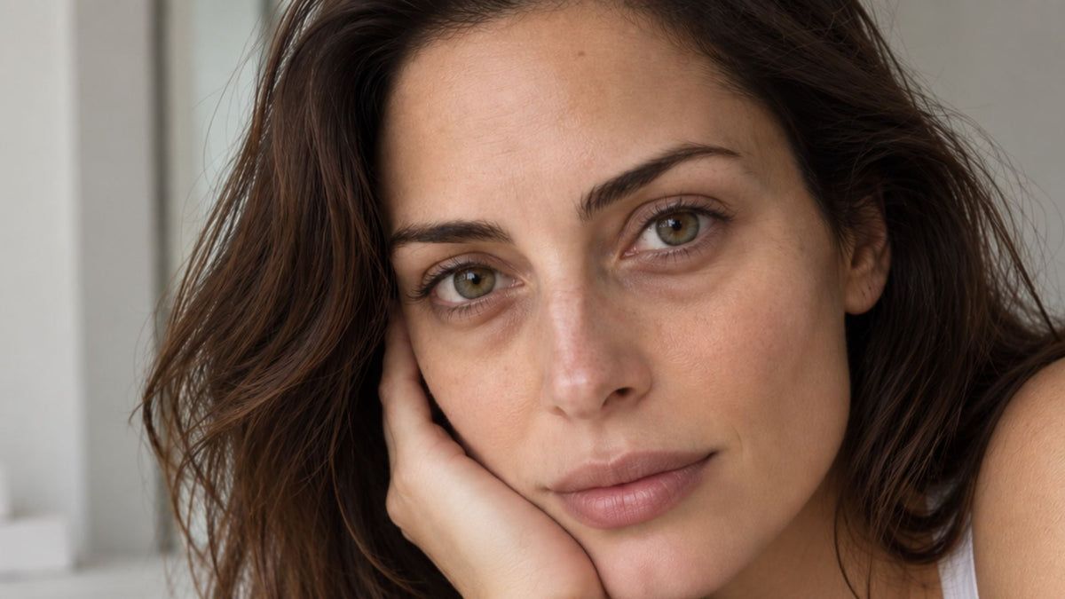 Close-up of a woman's face showing tired eyes and under-eye shadowing