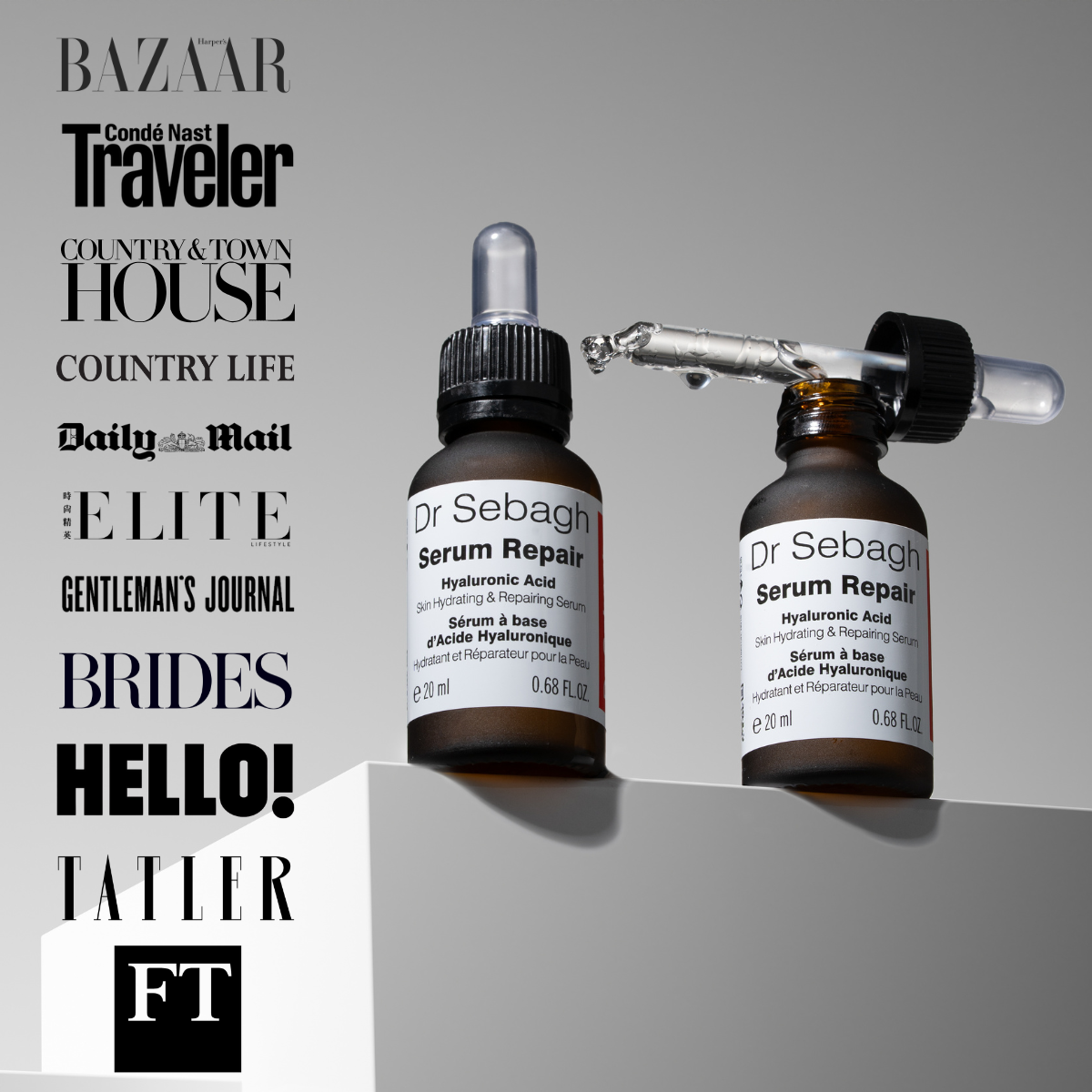 Product image of Dr Sebagh Serum Repair, a hyaluronic acid and peptide serum designed to hydrate, plump and repair skin