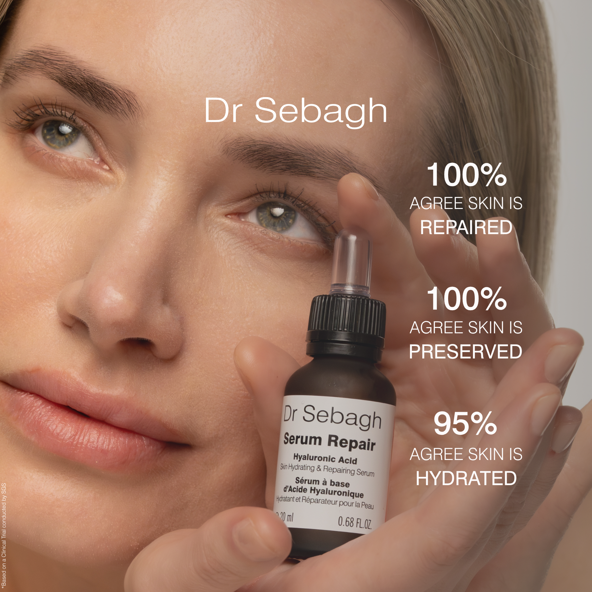 Dr Sebagh serum repair bottle held by a person with text indicating skin repair and hydration benefits.