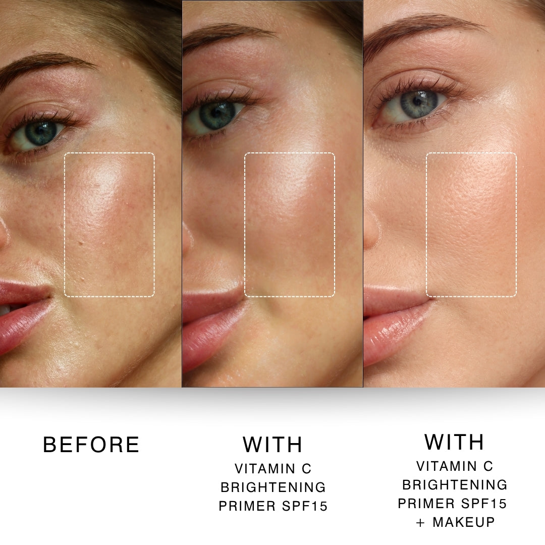 Three close-up facial skin panels labeled BEFORE, WITH Vitamin C Brightening Primer SPF15, and WITH Vitamin C Brightening Primer SPF15 + Makeup, showing a comparison of skin brightness and texture on a model's cheek.