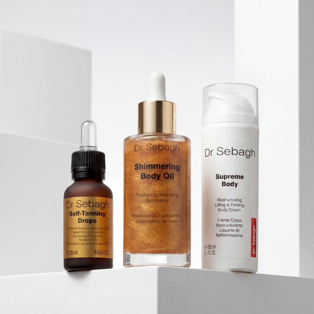 Dr Sebagh skincare products including Self-Tanning Drops, Shimmering Body Oil, and Supreme Body Cream on a white background.