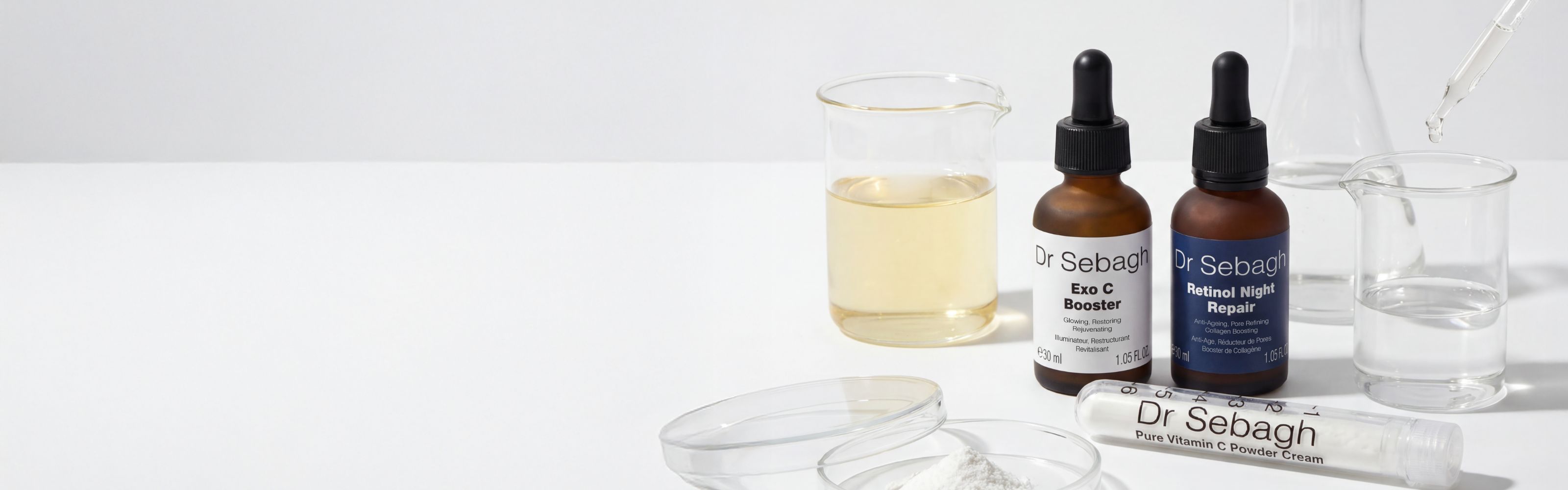 Dr Sebagh Serum Bar boosters including Exo C Booster, Retinol Night Repair and Pure Vitamin C Powder Cream used to boost a personalised serum cocktail.