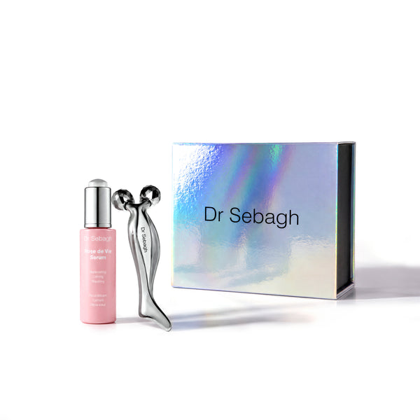 Dr Sebagh De-Puff Ritual including Rose de Vie Serum and Facial Sculpting Tool displayed on a white background