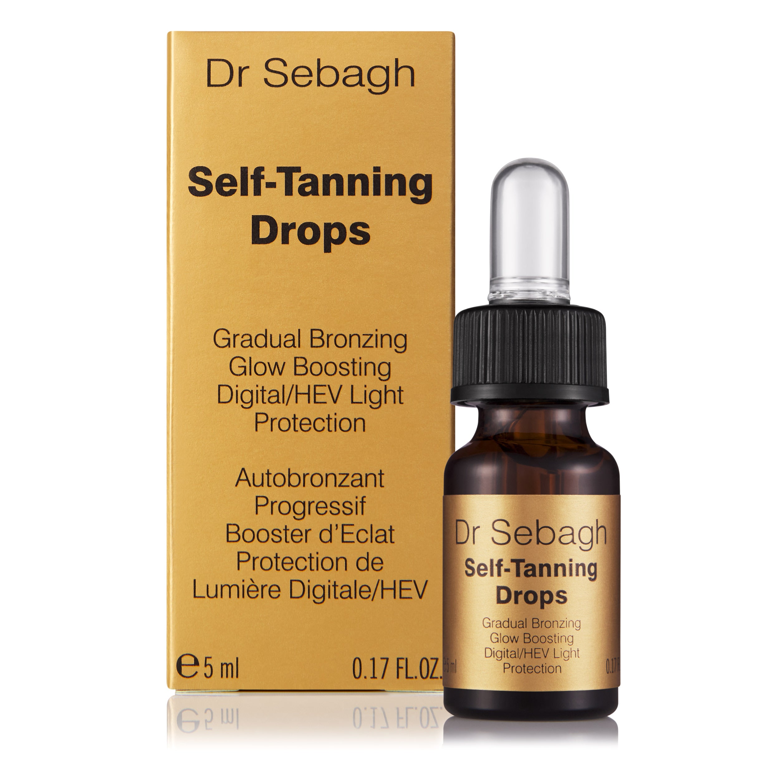 Dr Sebagh Self-Tanning Drops travel size serum bottle delivering a natural-looking, streak-free glow with box.