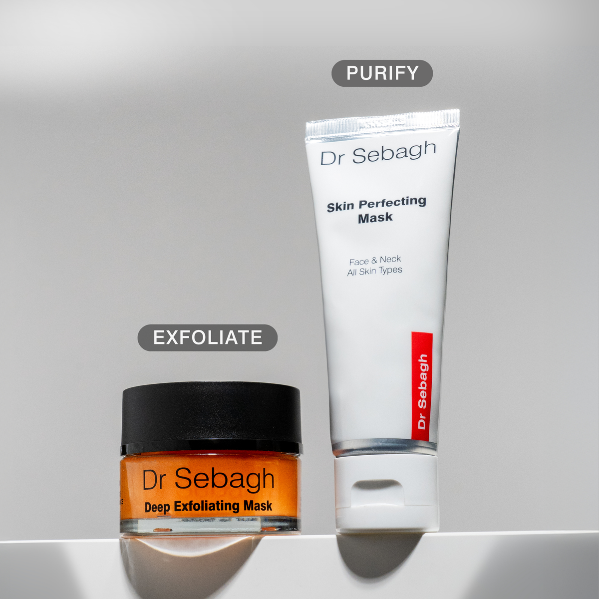 Two Dr Sebagh skincare products on a light gray background: a white tube of Skin Perfecting Mask labeled PURIFY and an amber jar of Deep Exfoliating Mask labeled EXFOLIATE.