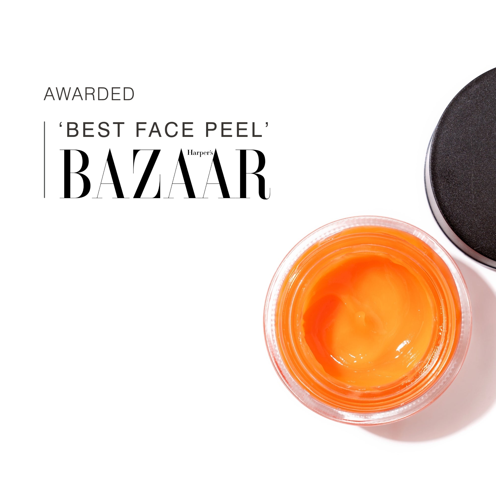 An open jar of bright orange face peel gel with its black lid partially visible, set on a white background next to award text reading 'AWARDED BEST FACE PEEL BAZAAR Harper's Bazaar'.