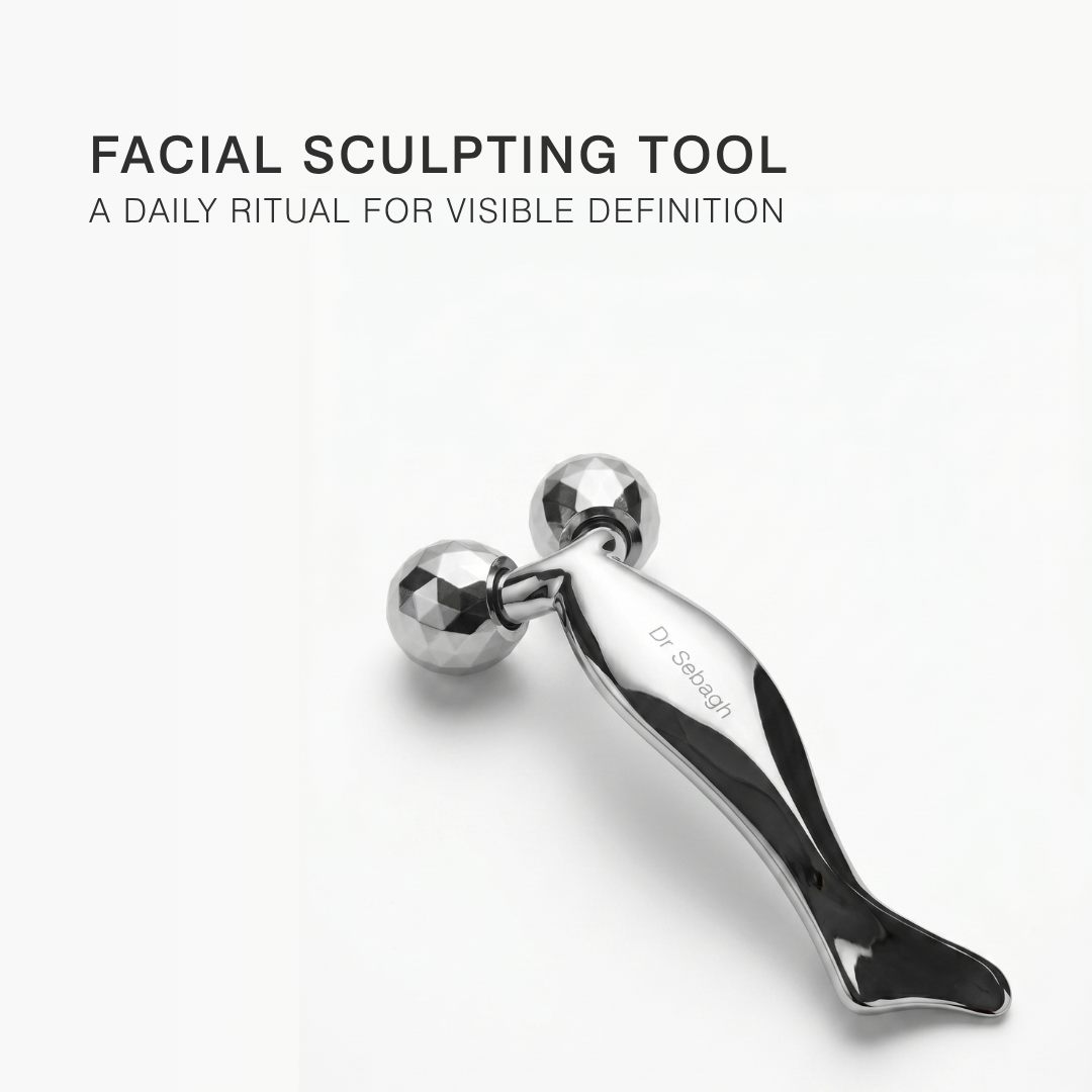 Facial sculpting tool on a white background with text about daily rituals.