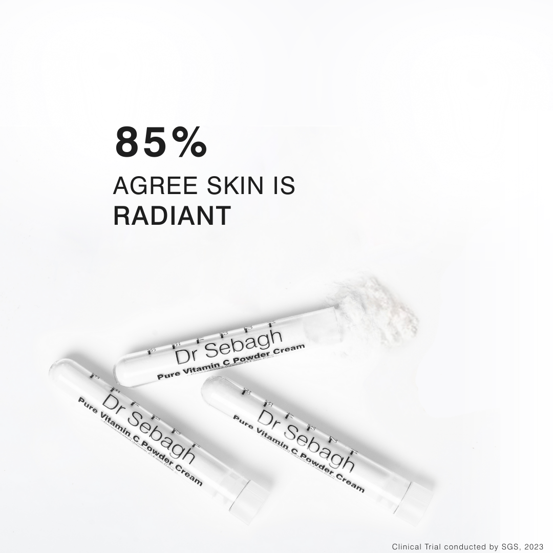 Dr Sebagh Pure Vitamin C Powder Cream with vitamin C powder texture, highlighting clinical results showing 85% agree skin looks radiant.