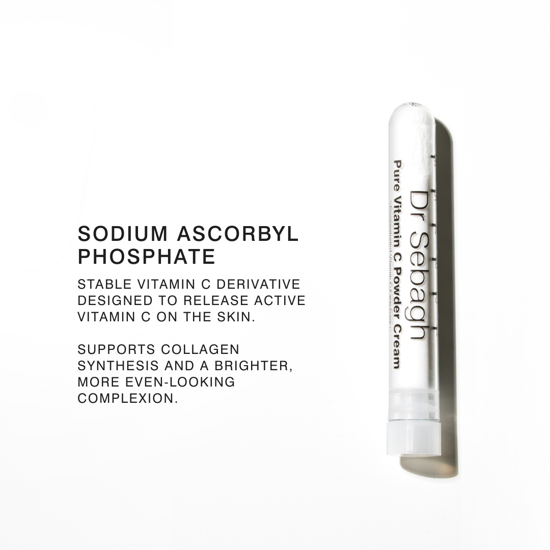 Dr Sebagh Pure Vitamin C Powder Cream with Sodium Ascorbyl Phosphate, a stable vitamin C derivative designed to support brighter, more even-looking skin.
