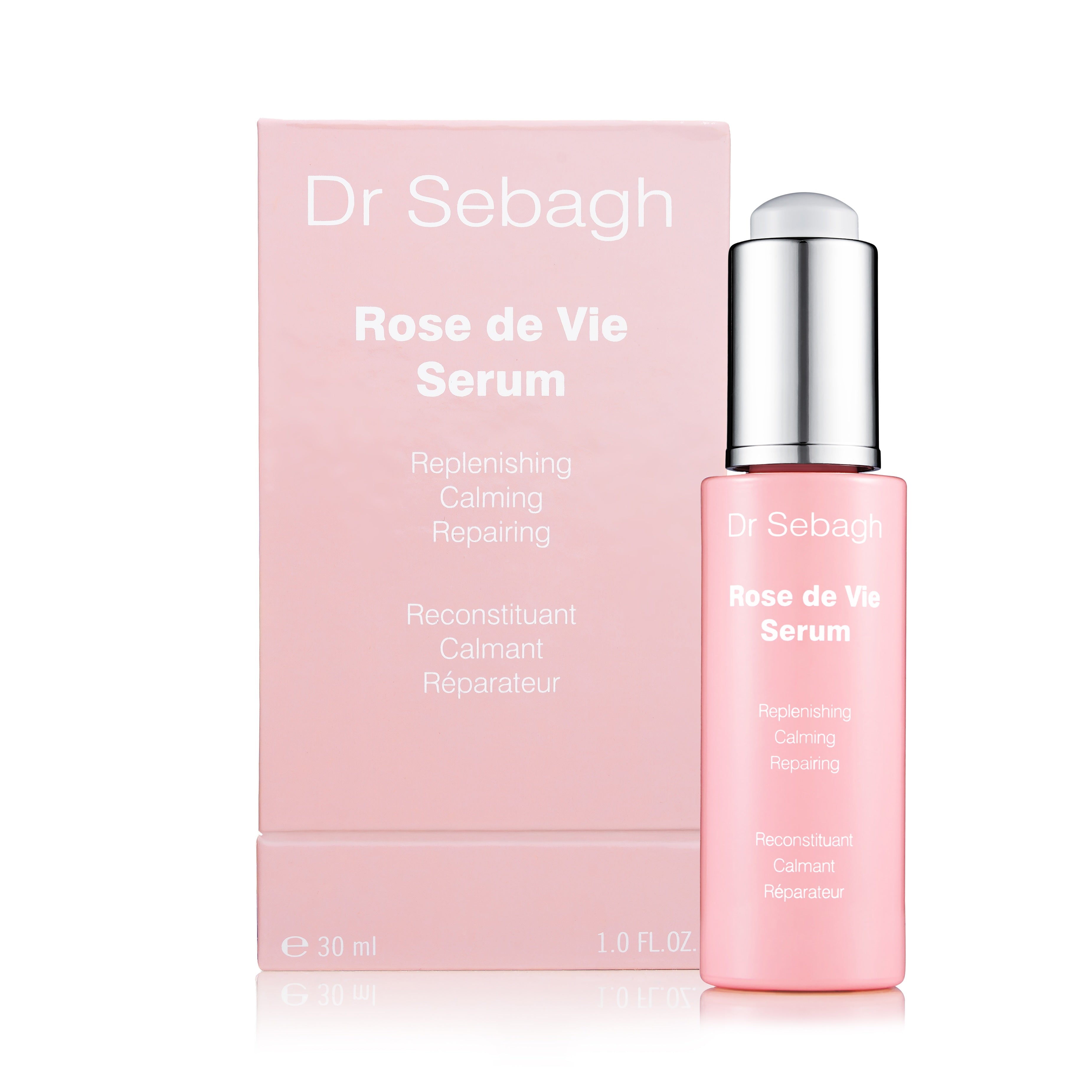 Dr Sebagh Rose de Vie Serum bottle, a nourishing and replenishing anti-ageing facial serum with box.