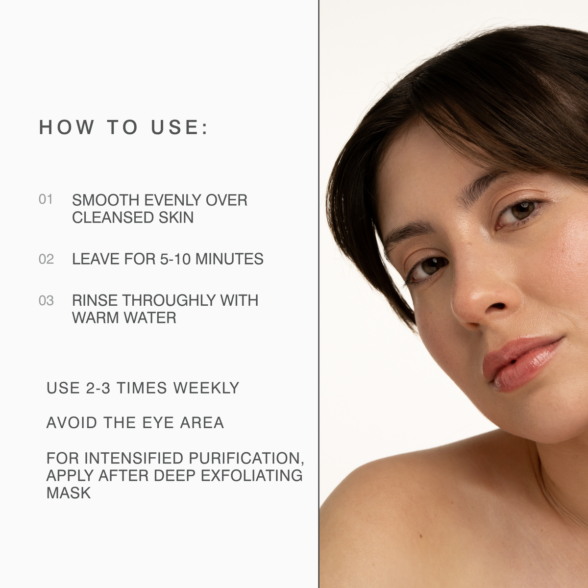 Instructional Dr Sebagh skincare graphic with text reading 'HOW TO USE:' and three steps for applying the Skin Perfecting Mask alongside a close-up photo of a woman's face on a white background.
