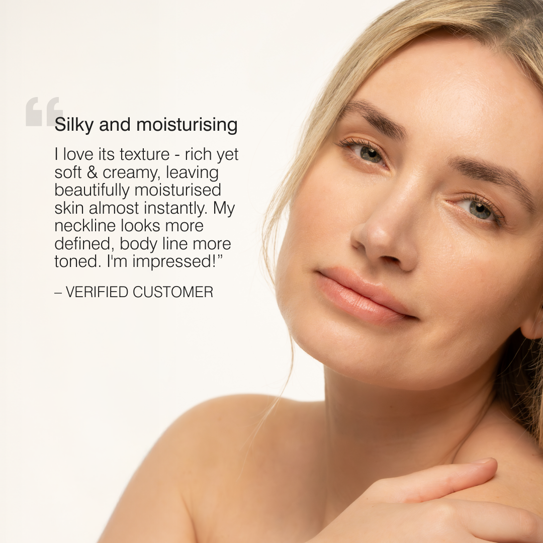 Woman with smooth skin and a quote from a verified customer about product benefits.