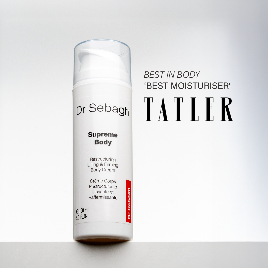 Dr Sebagh Supreme Body cream bottle with Tatler magazine text on a white background