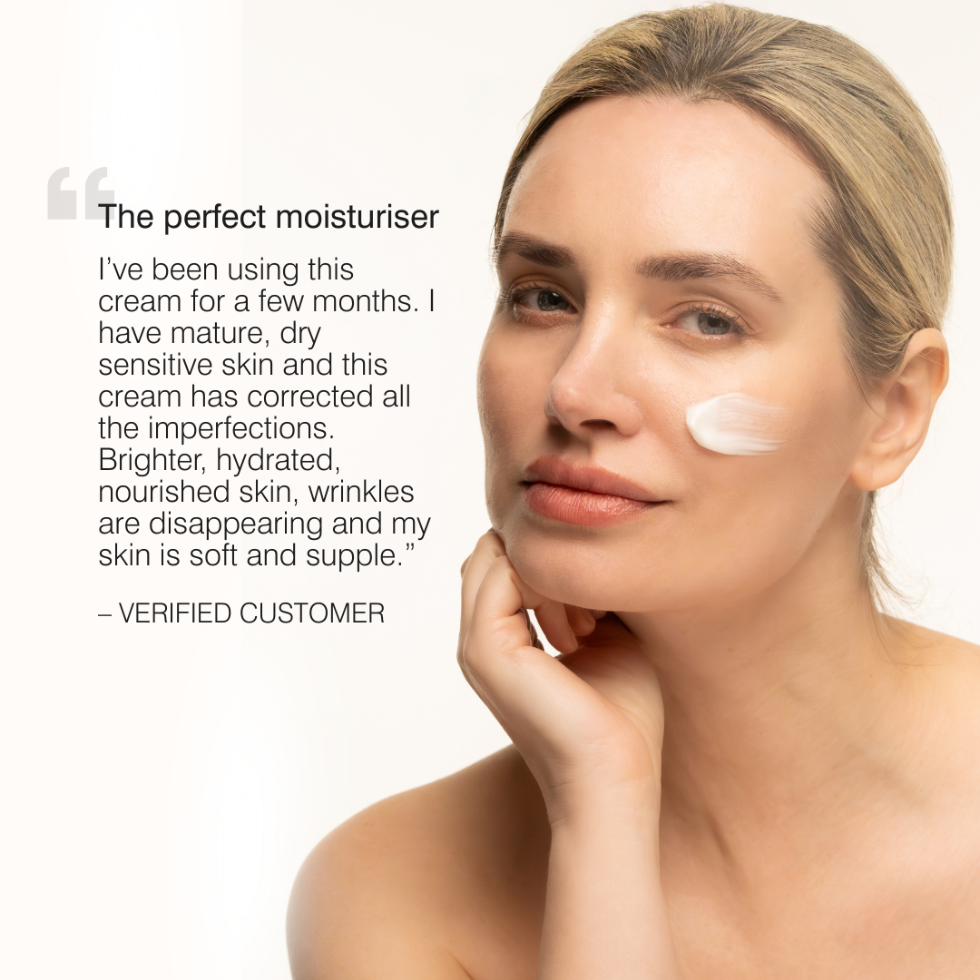 Customer applying Dr Sebagh Supreme Day Cream moisturiser with verified customer testimonial