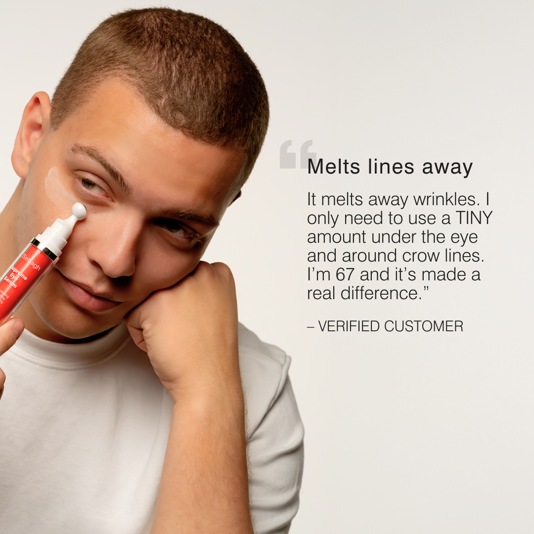 Customer applying Dr Sebagh Supreme Eye Serum for fine lines and dark circles with verified testimonial