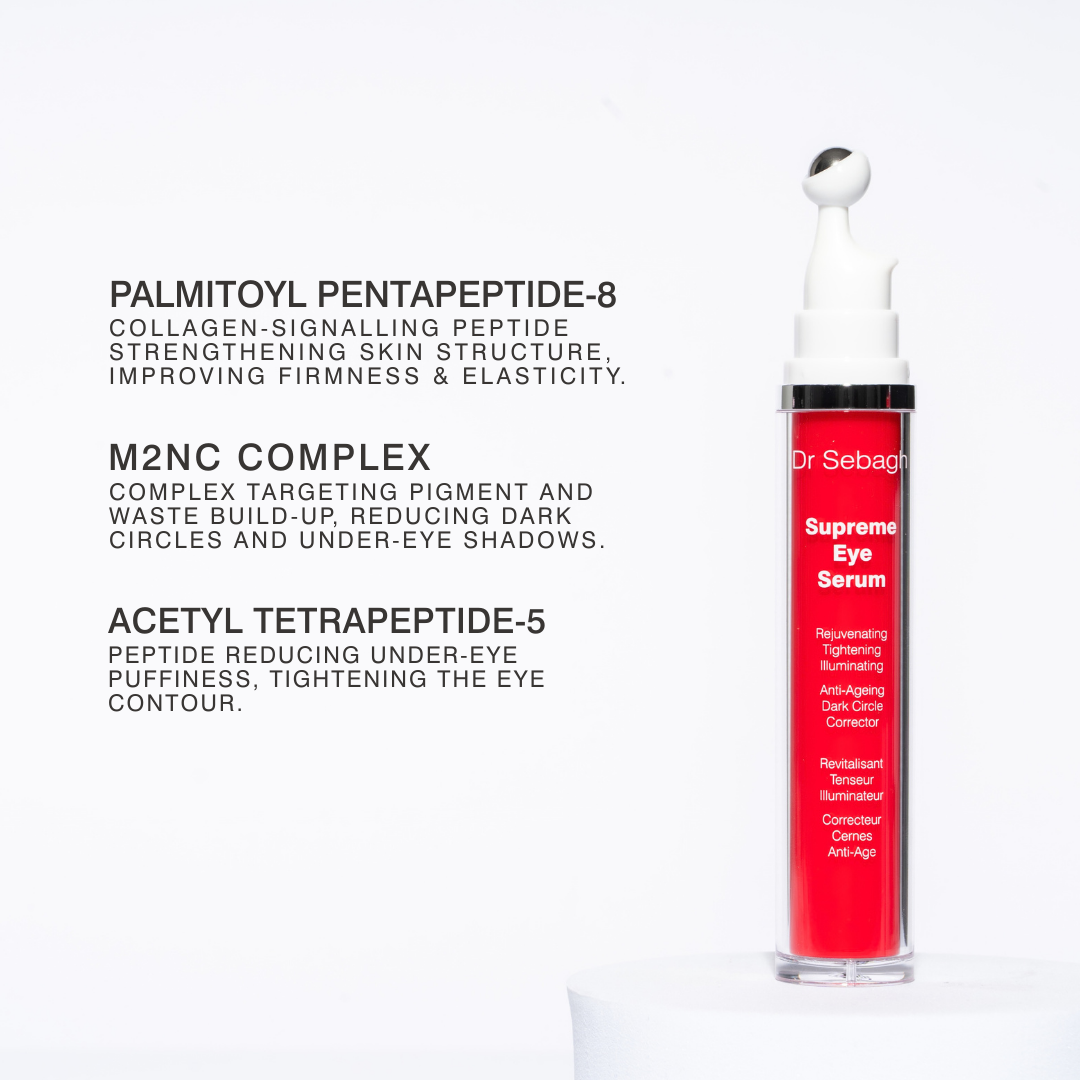 Dr Sebagh Supreme Eye Serum key ingredients including peptides for firming and dark circle correction