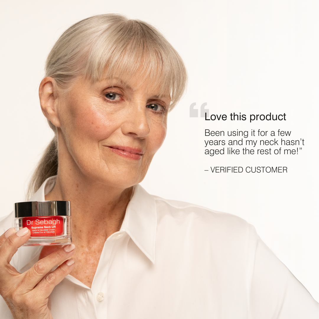 Customer holding Dr Sebagh Supreme Neck Lift firming neck cream with verified testimonial
