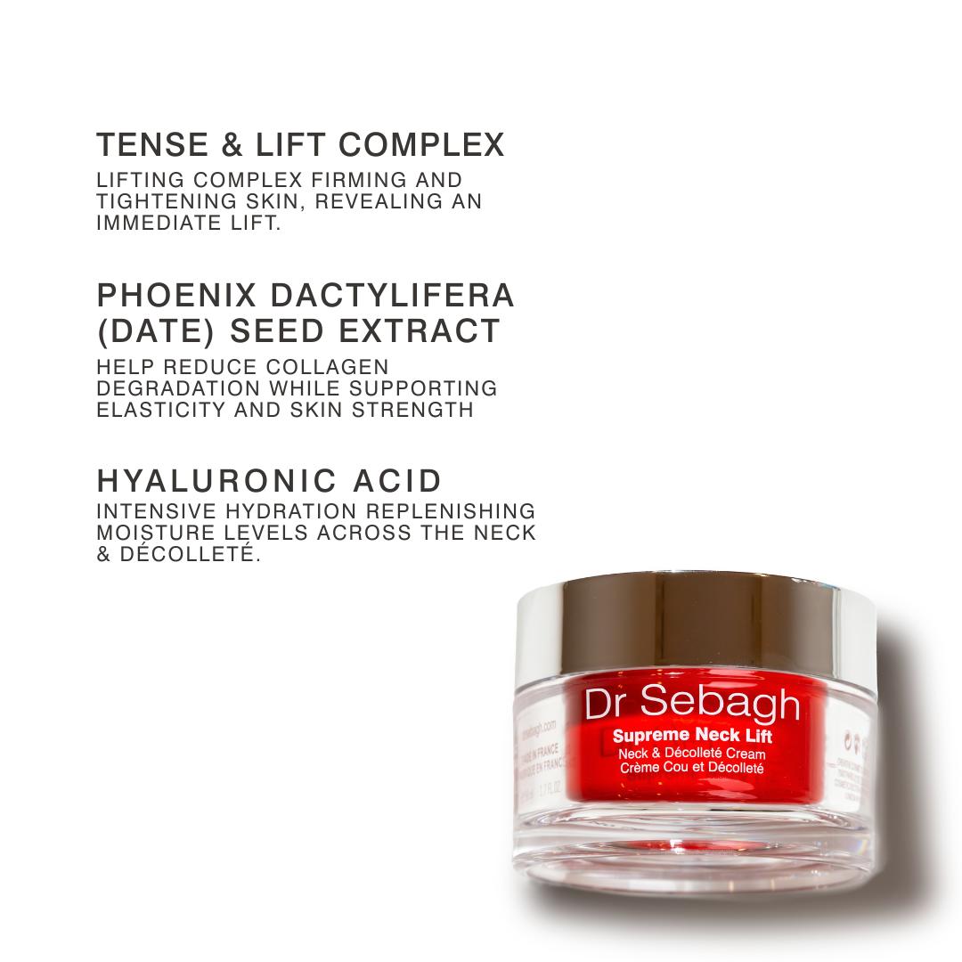 Dr Sebagh Supreme Neck Lift cream jar with product details on a white background
