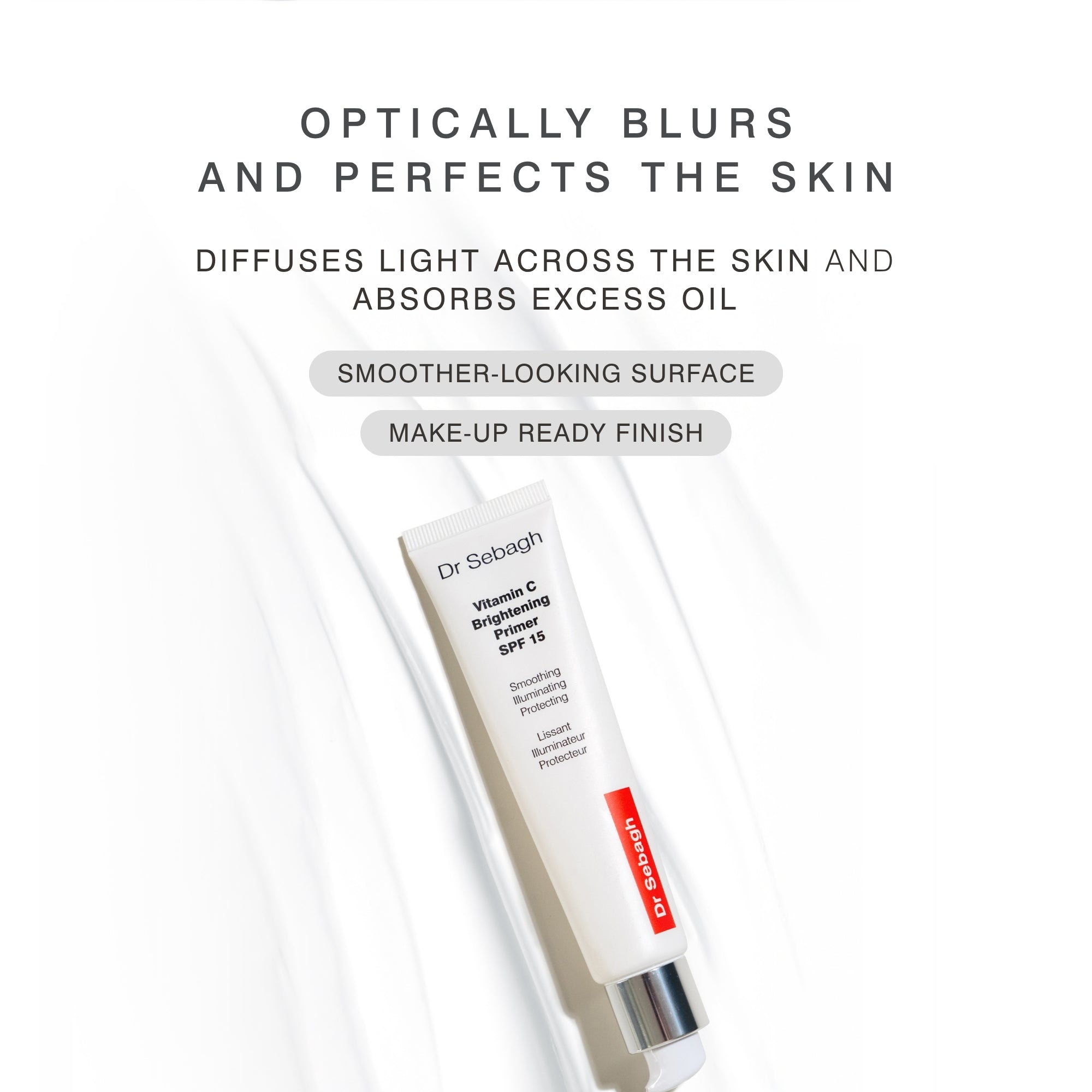 A tube of Dr Sebagh Vitamin C Brightening Primer SPF 15 with a silver cap and red label accents, shown on a white background defining key USPS
