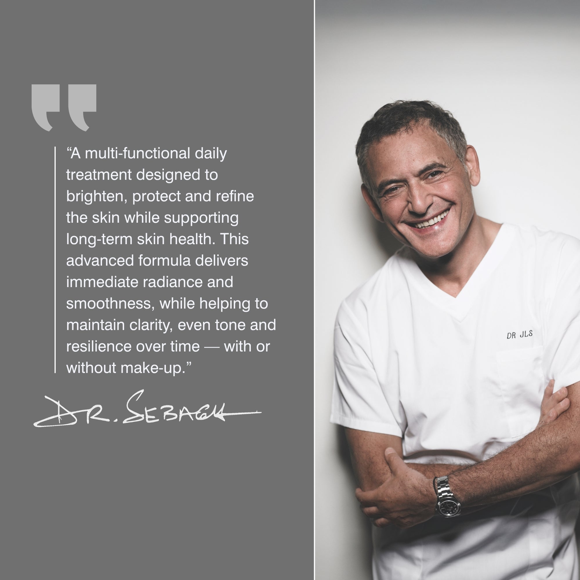 A promotional graphic split into two sections: the left side is a dark gray quote panel with a large quote about Dr Sebagh's Vitamin C Brightening Primer'; the right side shows Dr Sebagh in white medical scrubs standing against a light gray background.