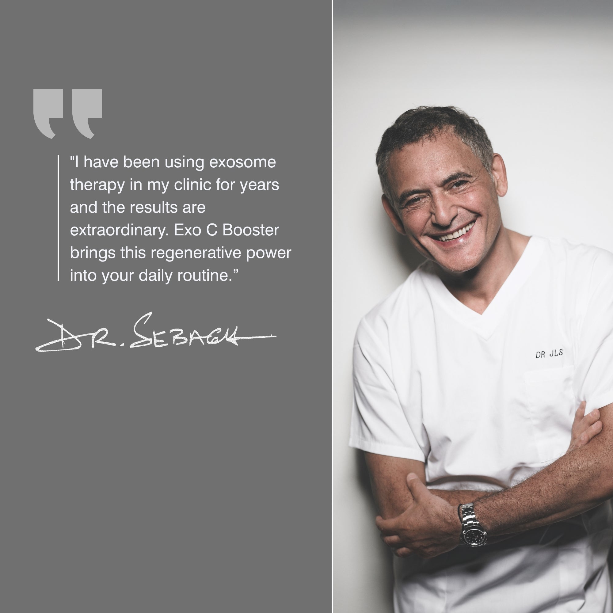 A promotional graphic split into two sections: the left side is a dark gray panel with a quote about exosome therapy and a signature reading Dr Sebagh, while the right side shows Dr Sebagh in white medical scrubs standing against a light wall.