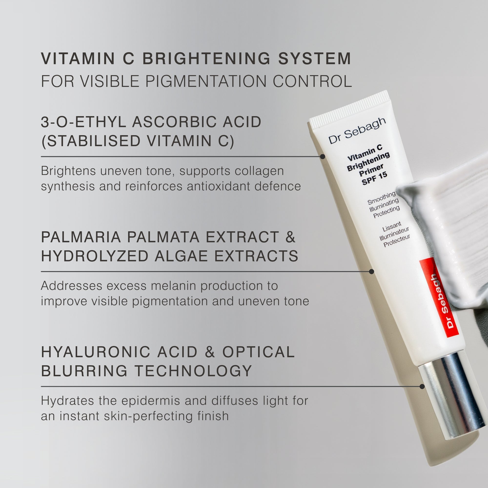 Dr Sebagh Vitamin C Brightening Primer SPF 15 is shown on a light gray background with descriptive text highlighting key ingredients and technology.