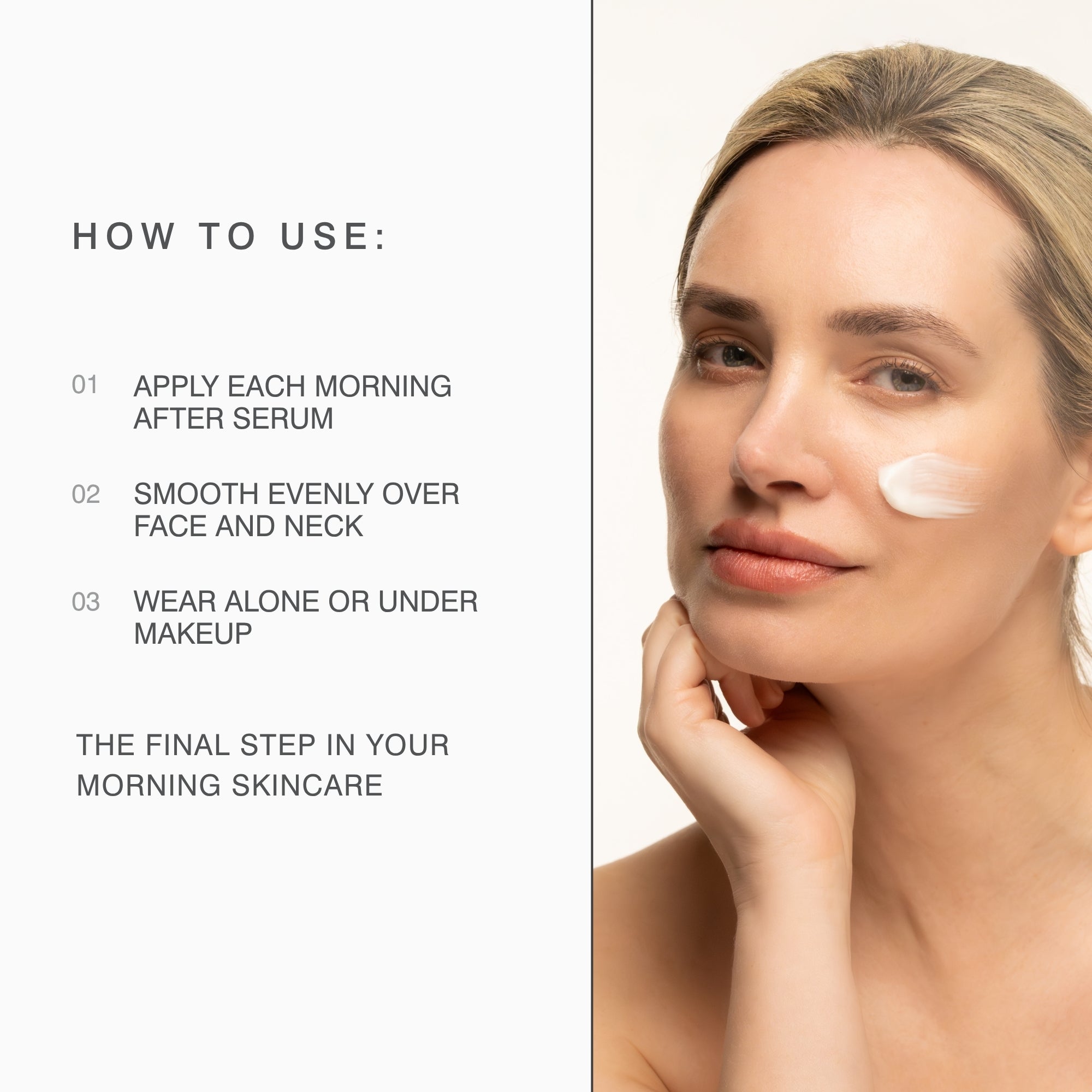 Instructional skincare graphic with text reading 'HOW TO USE:' and three steps, alongside a woman applying Vitamin C Brightening Primer SPF 15
to her cheek against a light background.