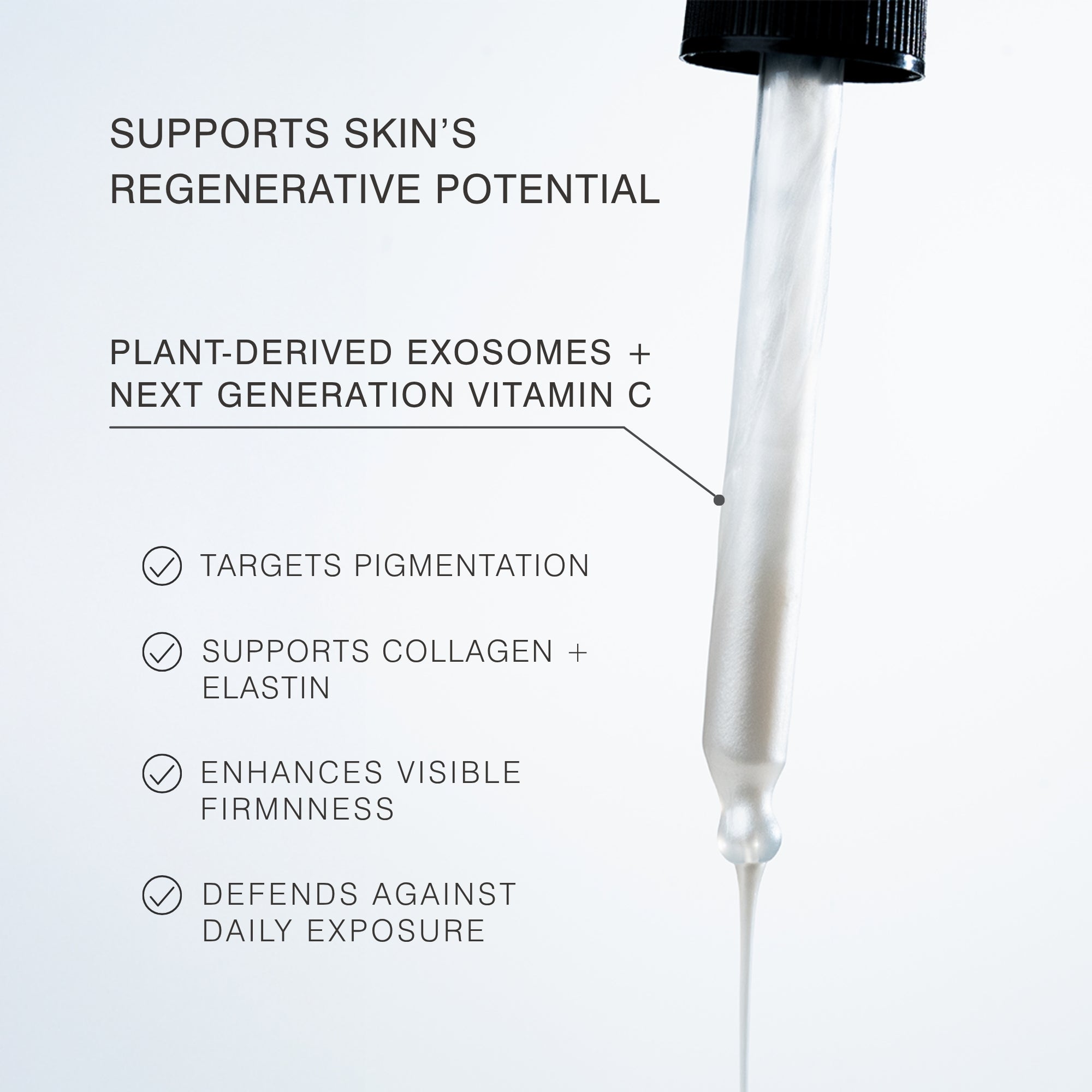 A skincare infographic on a white background featuring a close-up of a clear dropper containing a white serum. Text highlights the product's benefits: plant-derived exosomes and next generation vitamin C, supporting skin's regenerative potential, targeting pigmentation, collagen and elastin, and defending against daily exposure.