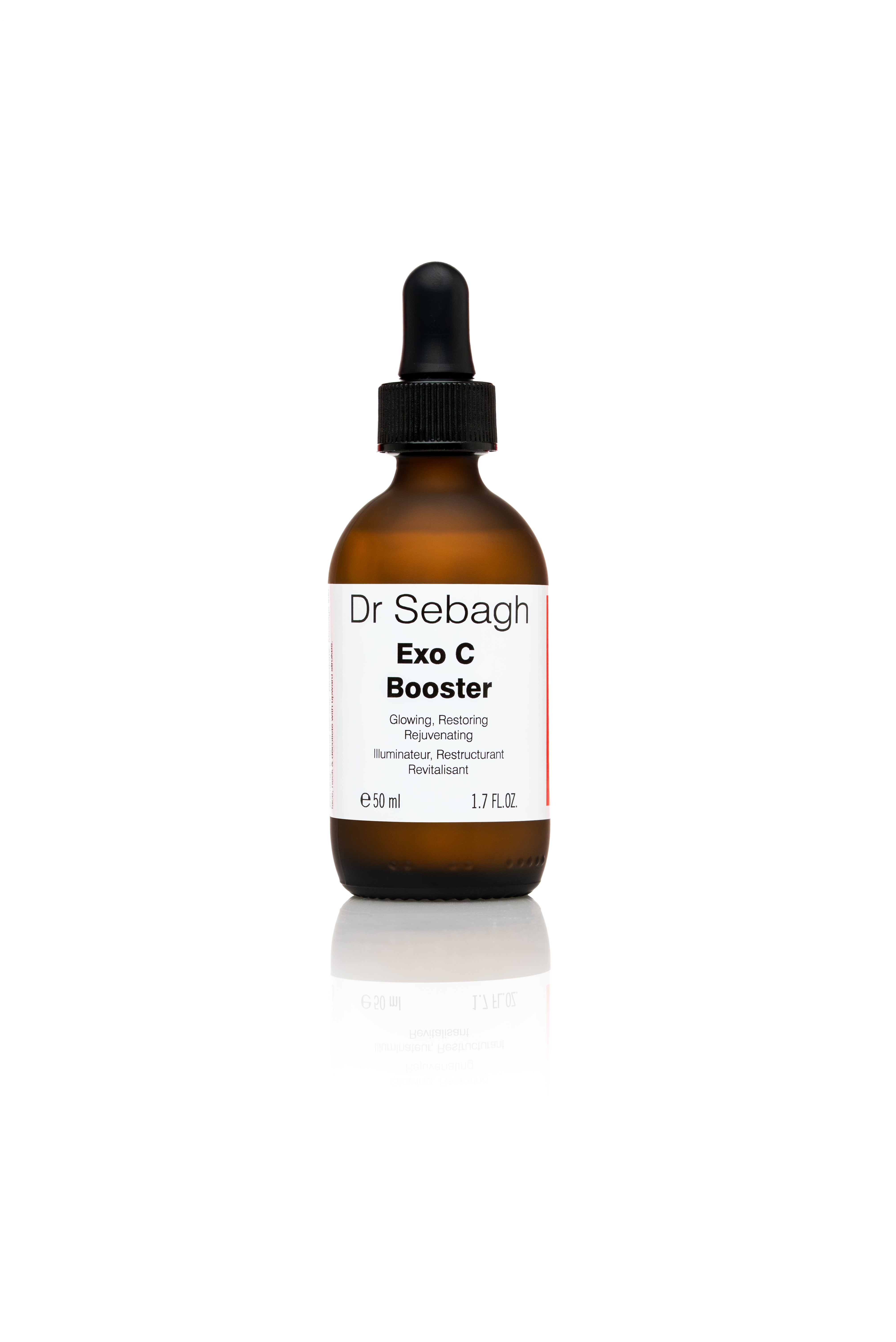 Dr Sebagh Exo C Booster 50ml pro size serum in amber glass dropper bottle for glowing, restoring, rejuvenated skin