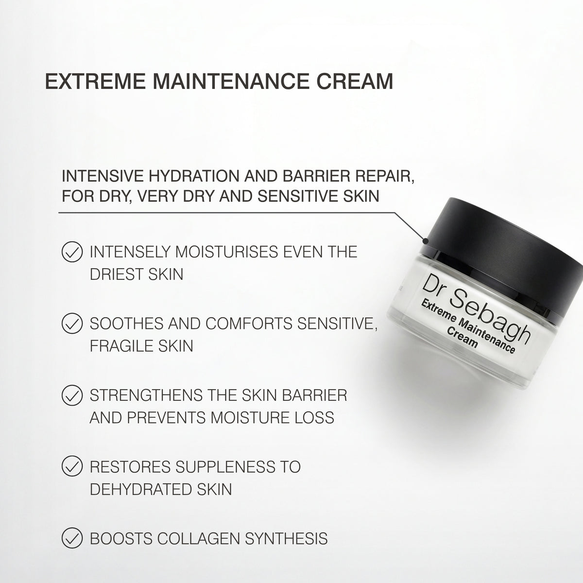 Dr Sebagh Extreme Maintenance Cream shown on a clean white background with descriptive text highlighting intensive hydration, barrier repair, and suitability for dry, sensitive, and fragile skin.