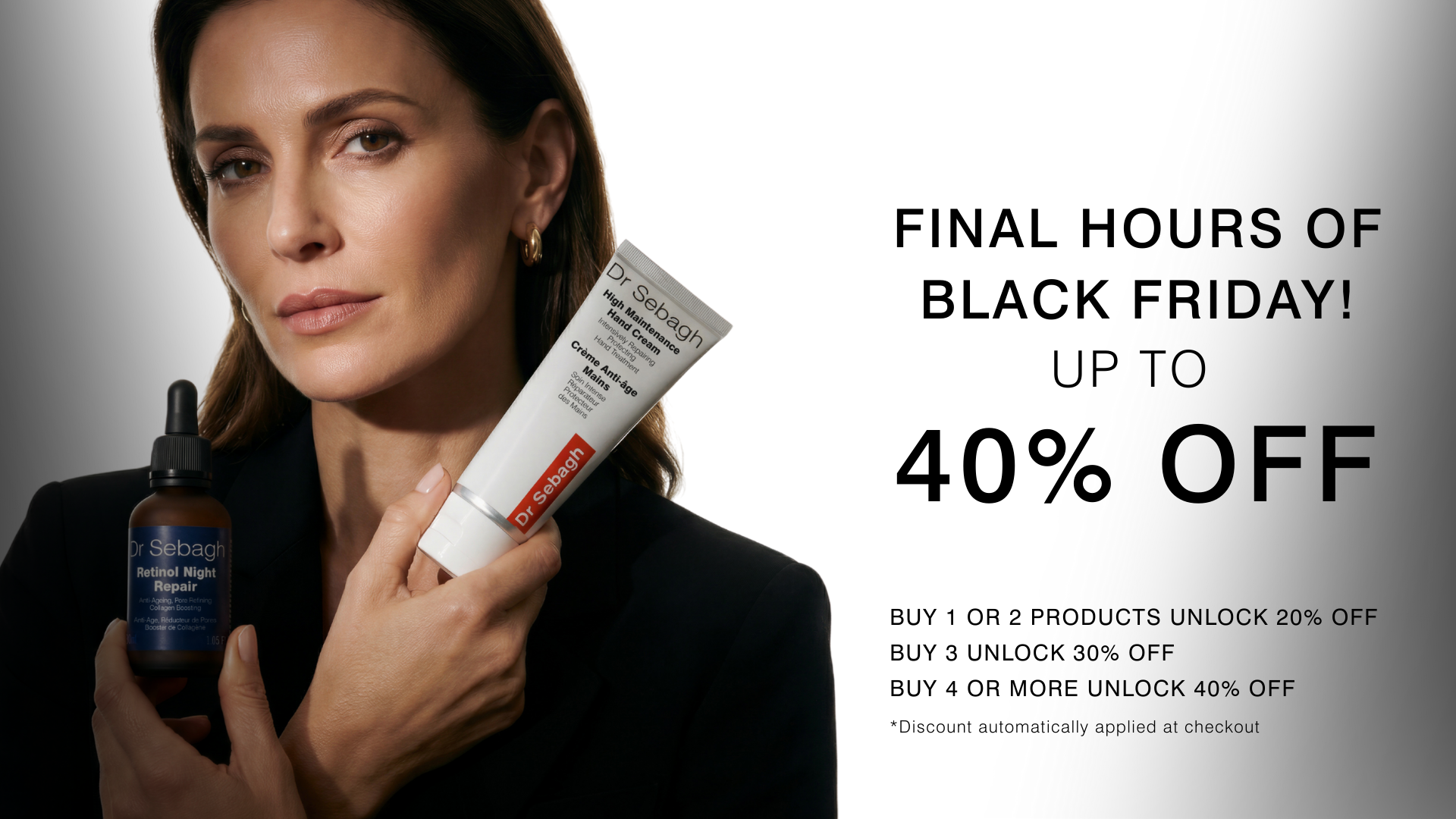 Model showcasing Dr Sebagh Retinol Night Repair and High Maintenance Hand Cream.