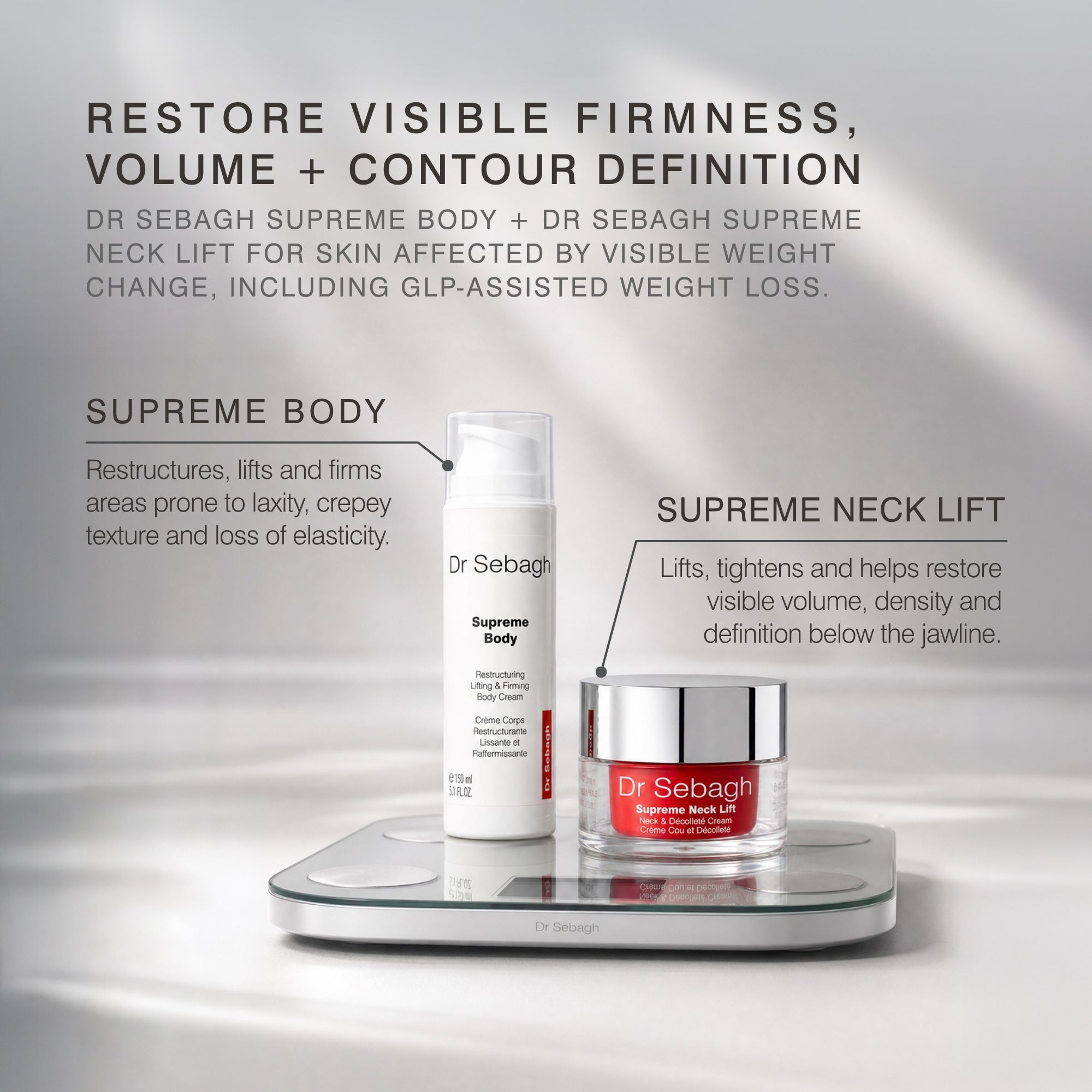 Dr Sebagh skincare set featuring a white Supreme Body Cream and a silver-and-red Supreme Neck Lift cream jar, displayed on a glass plate over a digital scale with explanatory text on a light gray background.