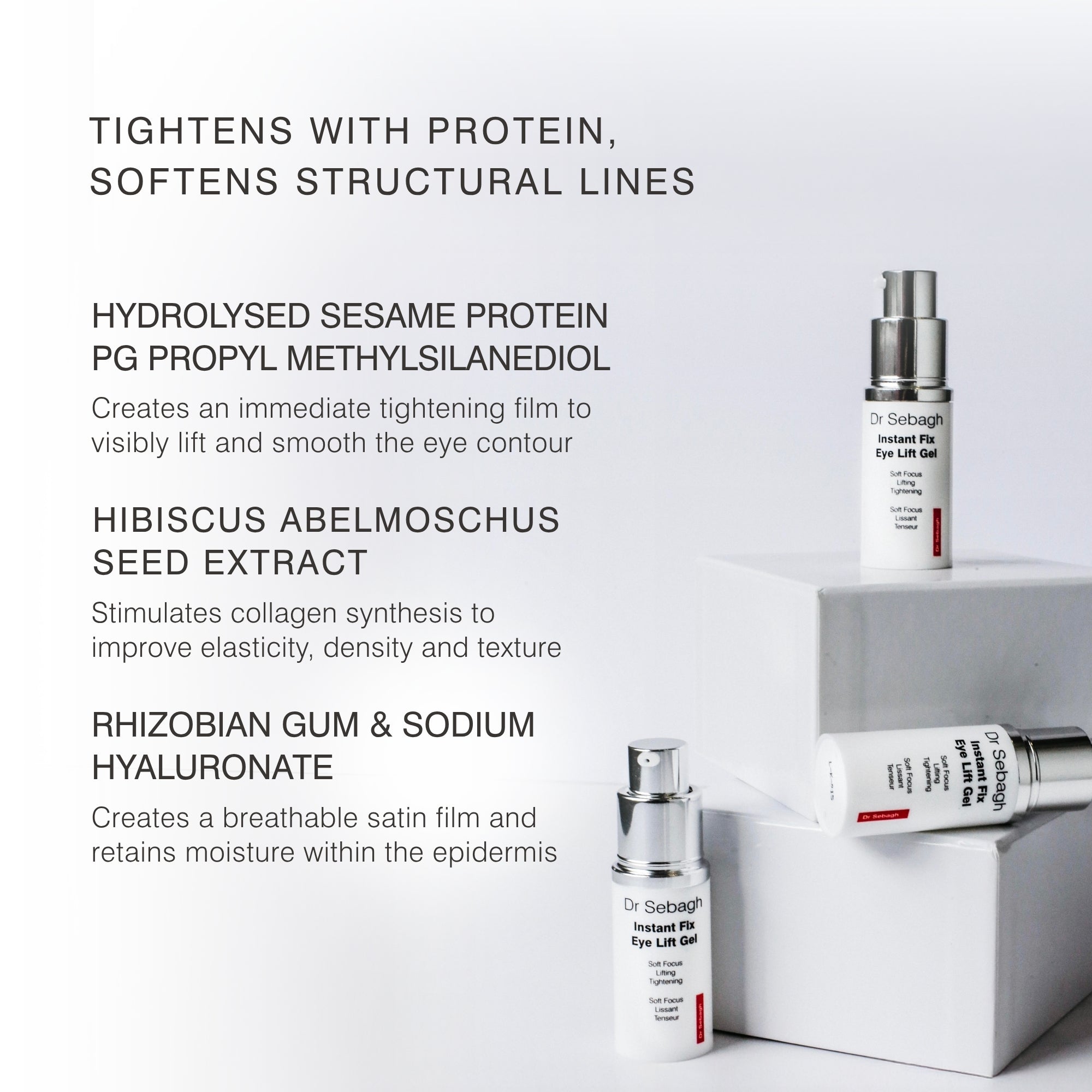 Dr Sebagh's Instant Fix Eye Lift Gel infographic highlighting key ingredients and technology used within the product