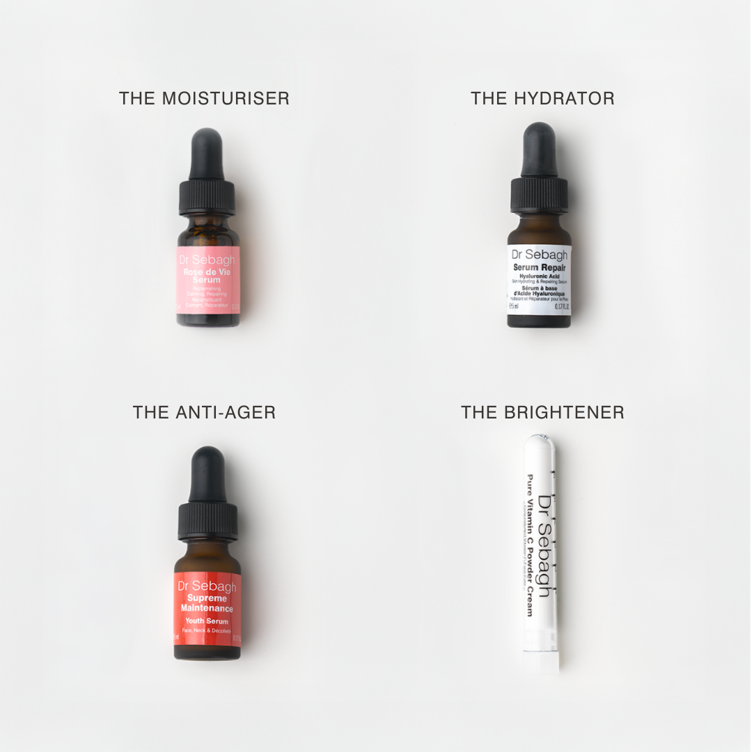 Mini Serum Bar Kit by Dr Sebagh featuring Rose de Vie Serum, Serum Repair, Supreme Maintenance Youth Serum and Pure Vitamin C Powder Cream.