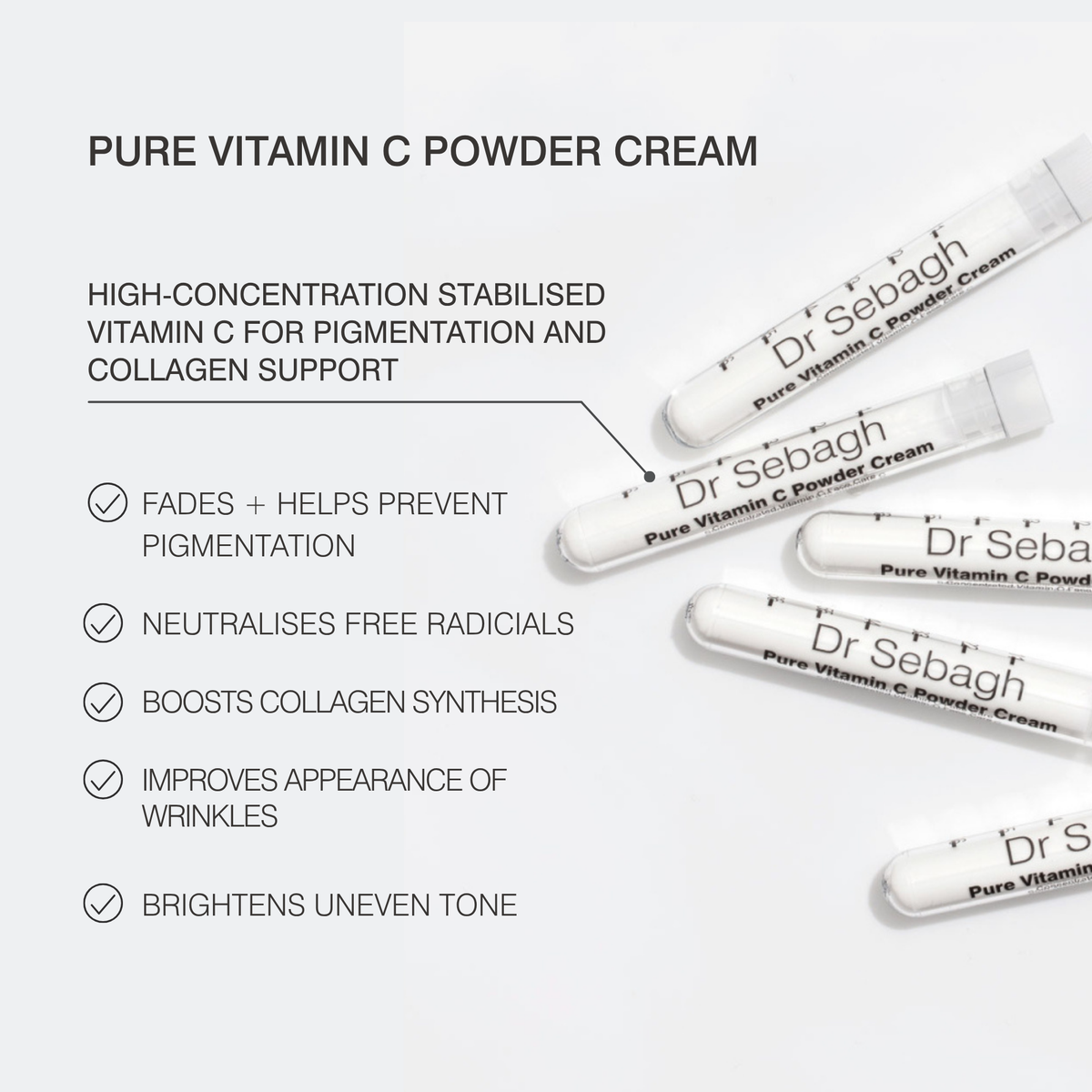 Promotional graphic for Dr Sebagh Pure Vitamin C Powder Cream, showing several white cosmetic tubes arranged diagonally on a light grey background with black text detailing benefits.
