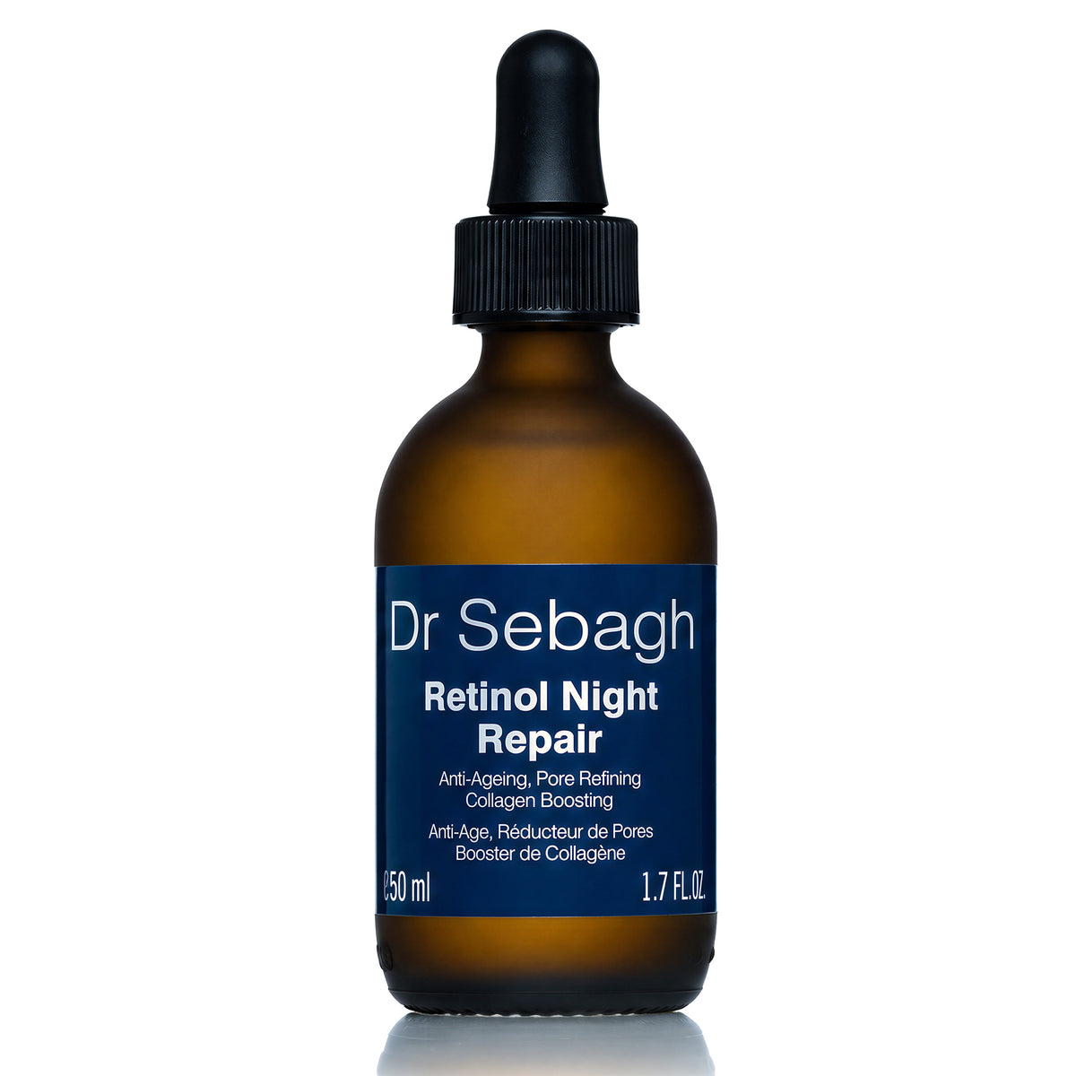 Dr Sebagh Retinol Night Repair 50ml PRO Size serum in a frosted amber glass dropper bottle with a navy label