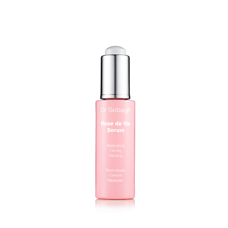 Dr Sebagh Rose de Vie Serum calming and replenishing facial oil in soft pink pump bottle, nourishing treatment to soothe sensitive skin, reduce redness and support the skin barrier.
