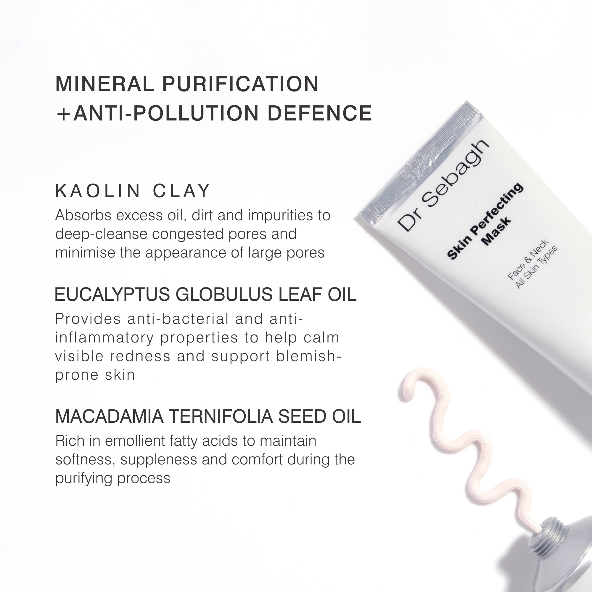 Dr Sebagh Kaolin Clay Skin Perfecting Mask tube shown on a white background with descriptive text about mineral purification, clay, eucalyptus oil, and macadamia seed oil, plus a squiggle of the white mask cream.