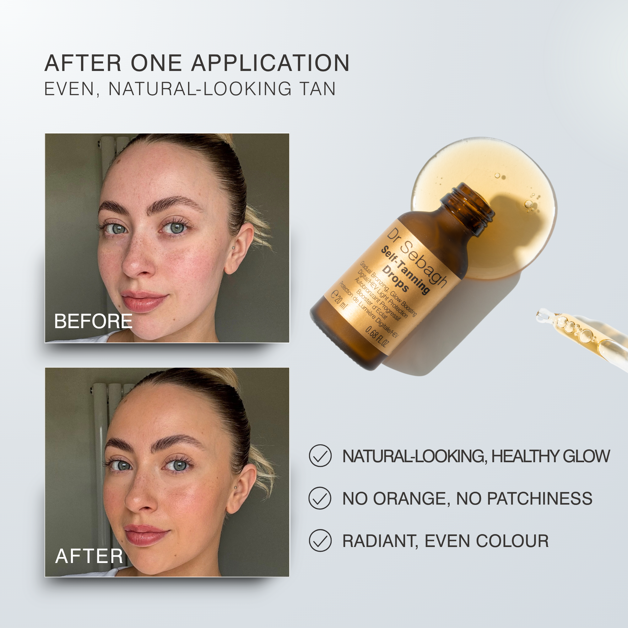Dr Sebagh Self-Tanning Drops liquid bottle and dropper shown next to before-and-after skin comparison photos of a woman, with text describing the natural-looking tan result.
