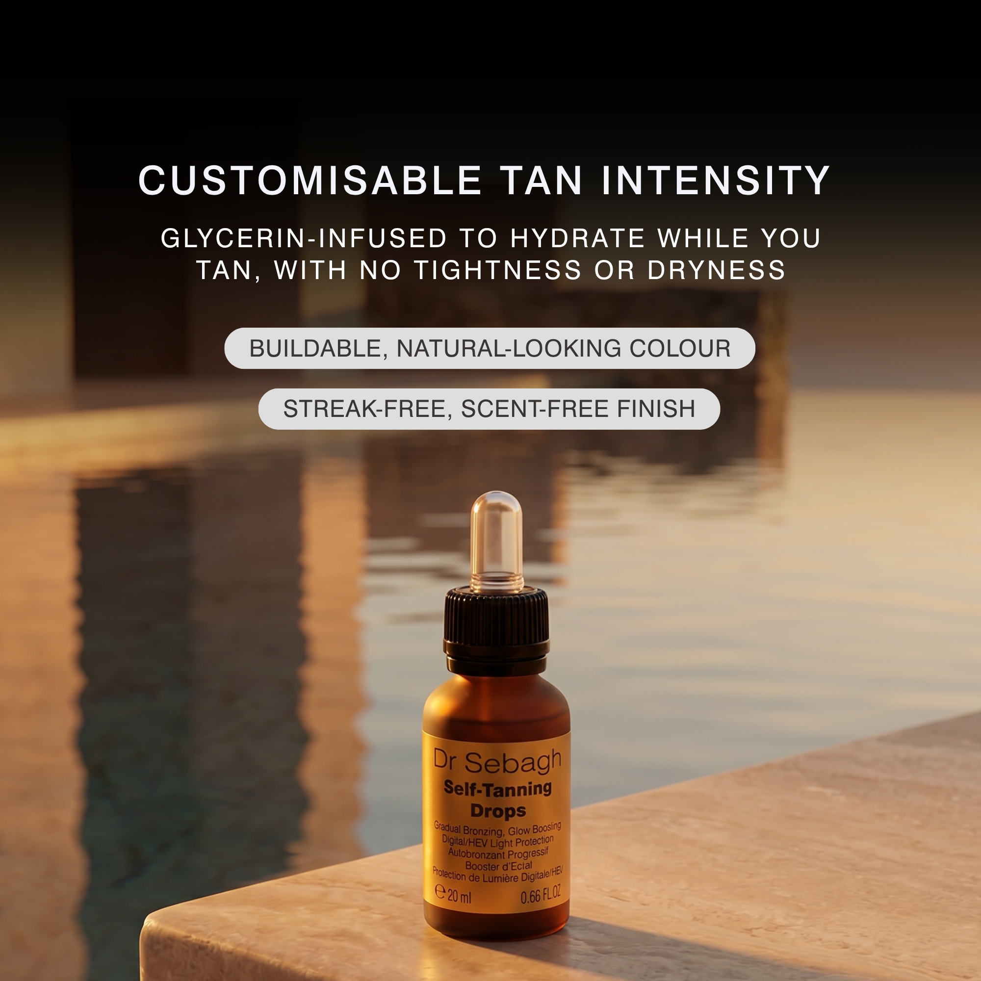 A bottle of Dr Sebagh Self-Tanning Drops stands on a stone ledge with water and a warm sunset background.