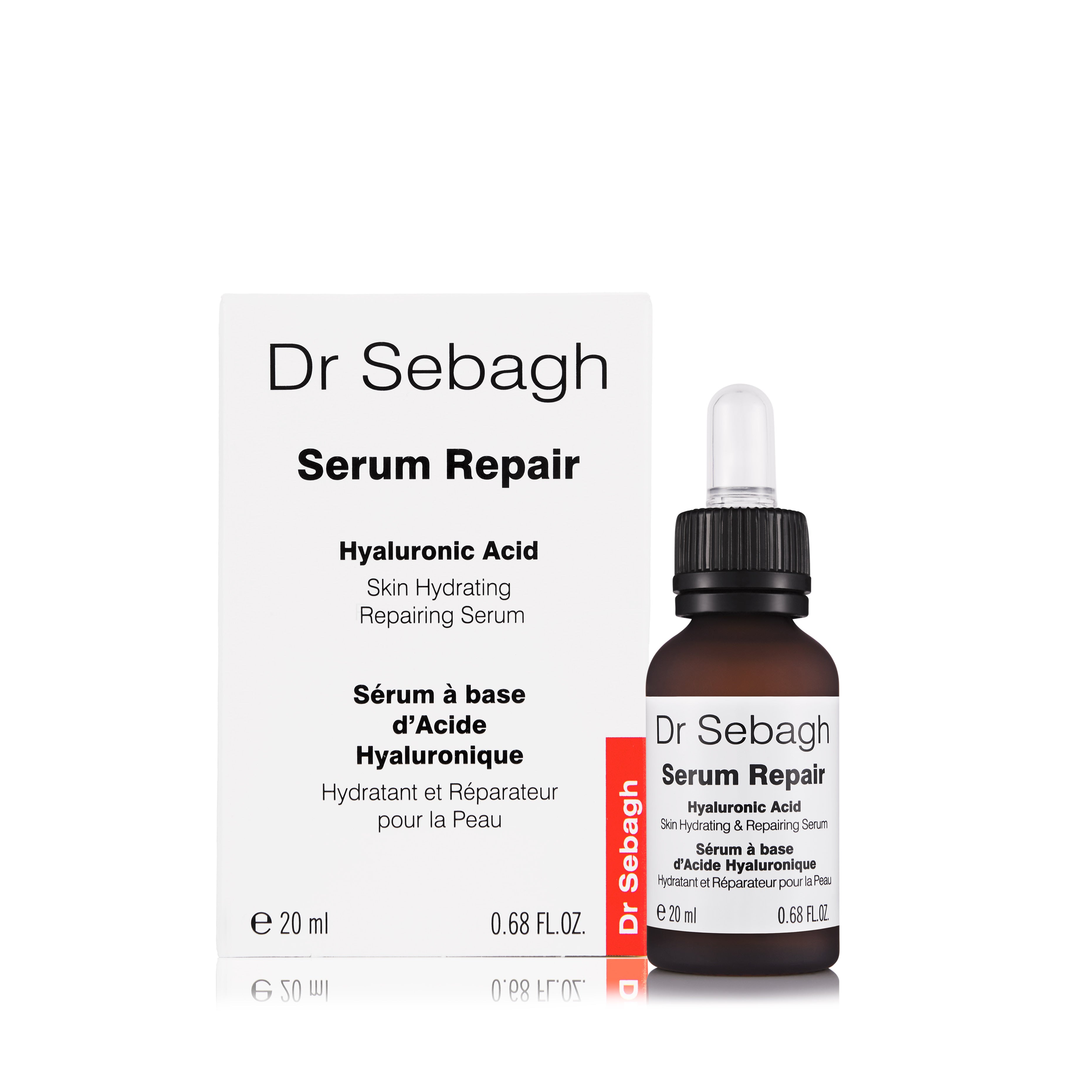A bottle of Dr Sebagh Serum Repair with a dropper, designed for skin hydration and plumping.