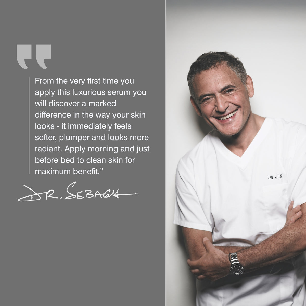 A promotional graphic split into two sections: the left side is a dark gray text panel with a quote attributed to Dr Sebagh and the right side shows a Dr Sebagh.