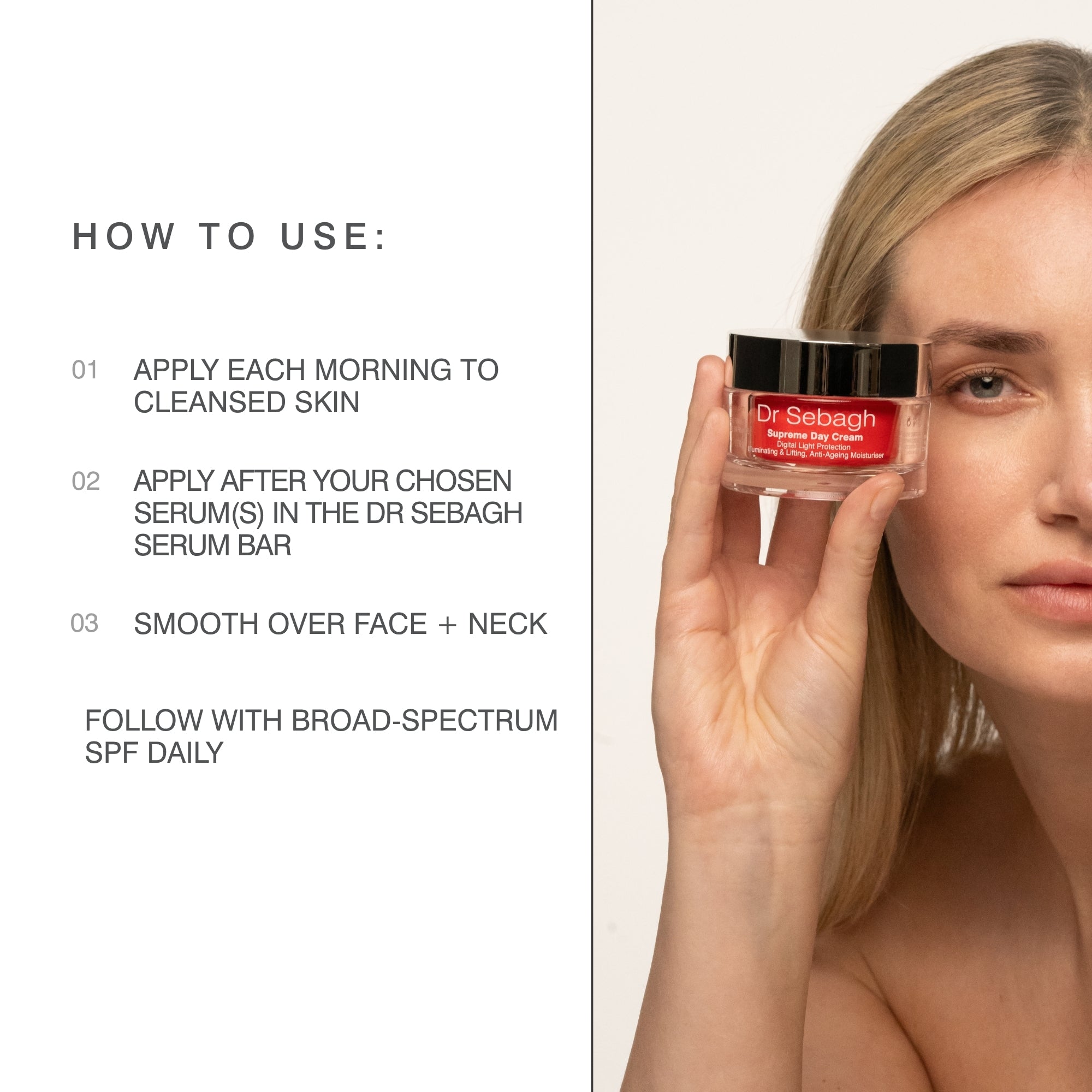 A woman holds Supreme Day Cream by Dr Sebagh next to a white panel with usage instructions.