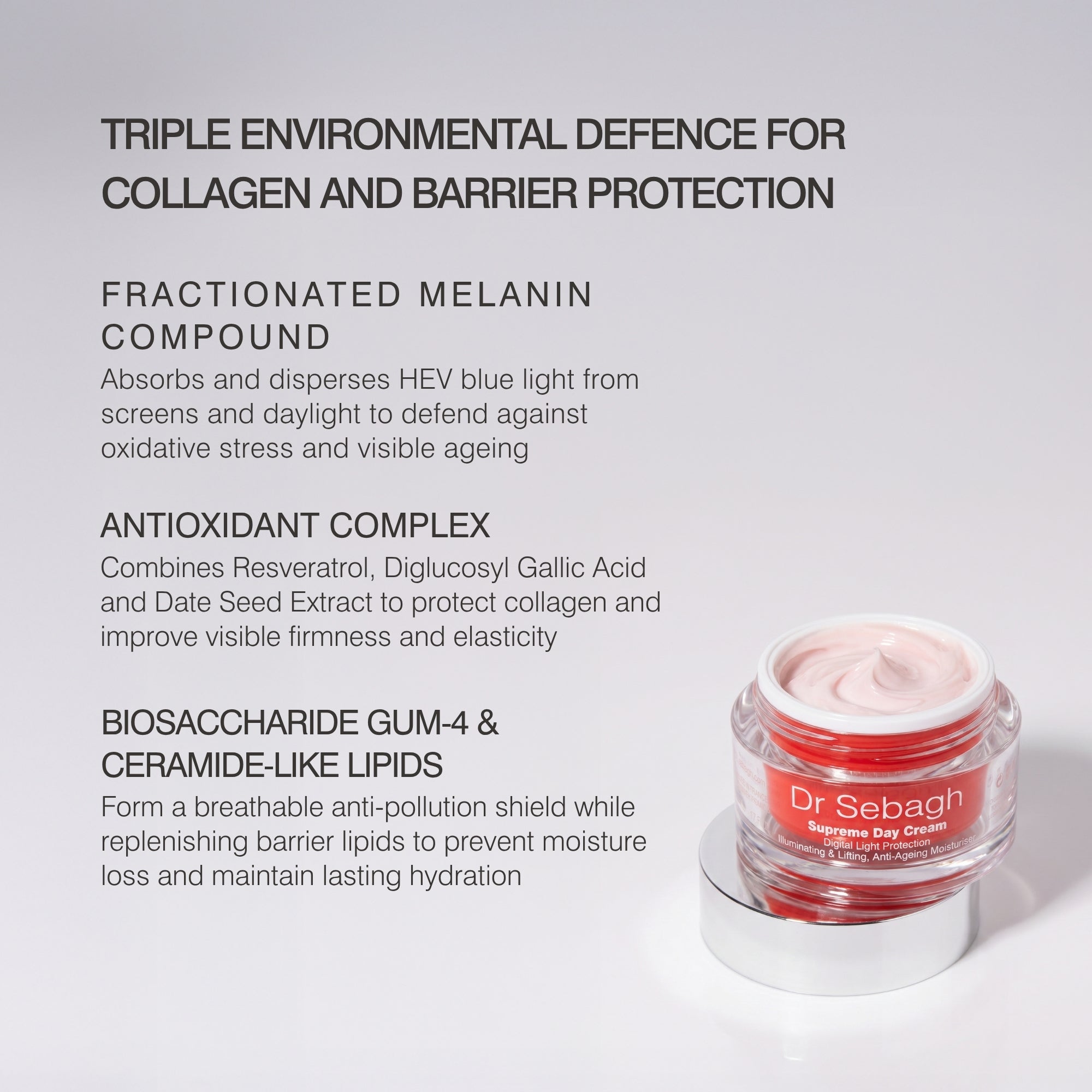 A Dr Sebagh Supreme Day Cream labeled Triple Environmental Defence on a light grey background with descriptive text on the left.