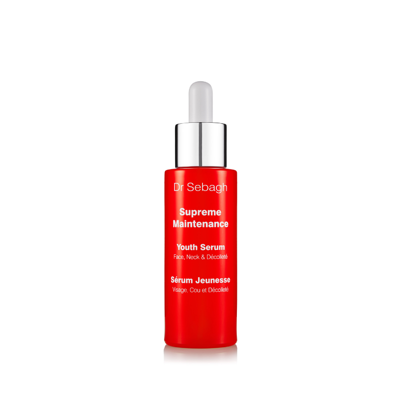 Dr Sebagh Supreme Maintenance Youth Serum in red glass dropper bottle, anti-ageing treatment for face, neck and décolleté to improve firmness, radiance and youthful-looking skin.