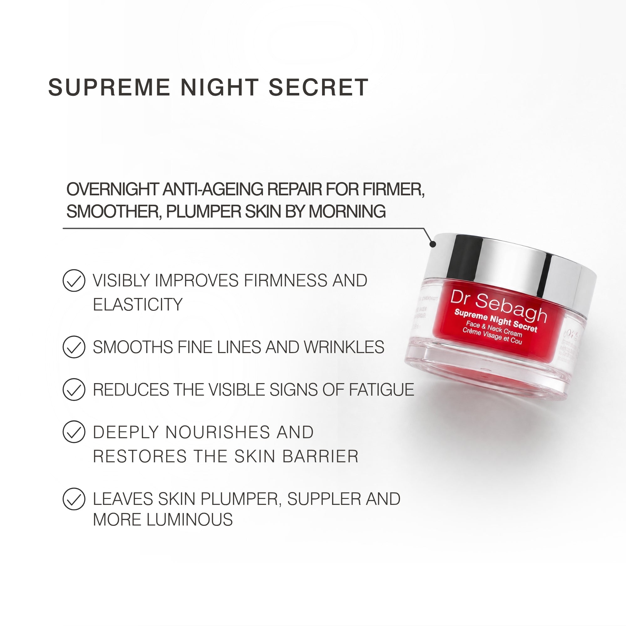 Dr Sebagh Supreme Night Secret face cream jar shown on a white background with promotional text listing benefits such as improved firmness, elasticity, and smoothing of fine lines and wrinkles.