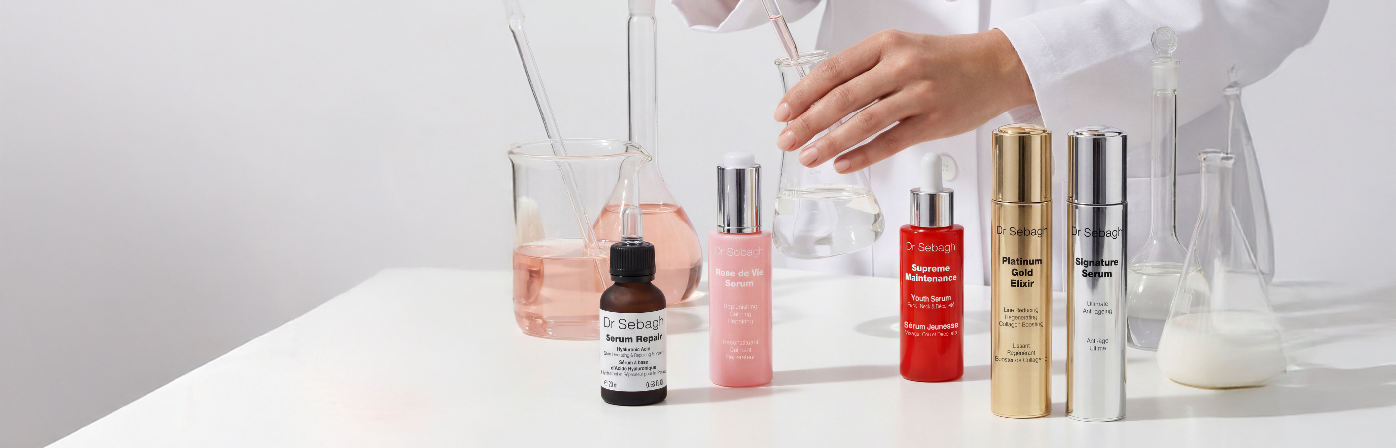 Dr Sebagh Serum Bar collection featuring Dr Sebagh serums displayed in a laboratory setting, showcasing personalised skincare solutions for hydration, repair, calming and anti-ageing.