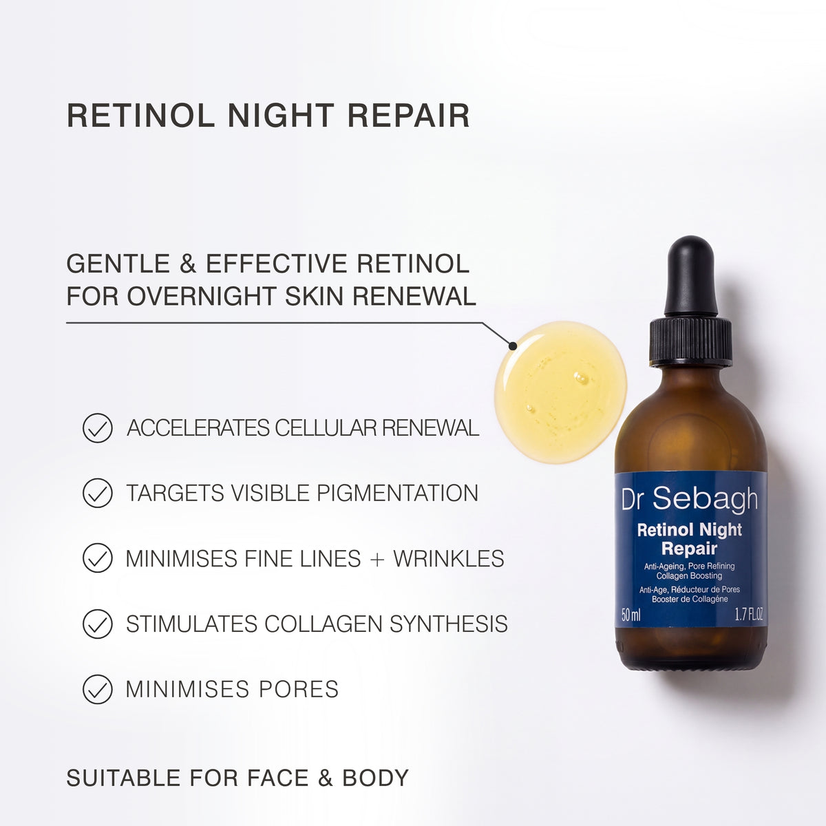 A bottle of Dr Sebagh Retinol Night Repair serum shown next to a droplet of the golden-yellow serum, with promotional text on a clean white background.