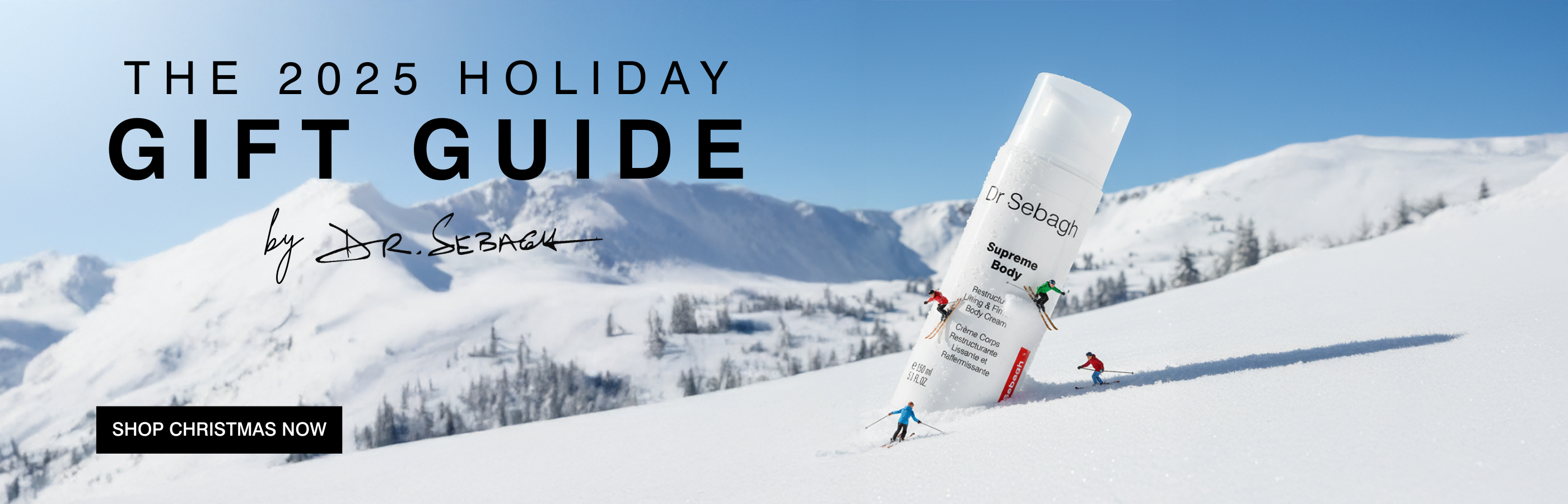 Luxury Dr Sebagh 2025 Holiday Gift Guide banner showing Supreme Body cream in a winter alpine landscape with miniature skiers.