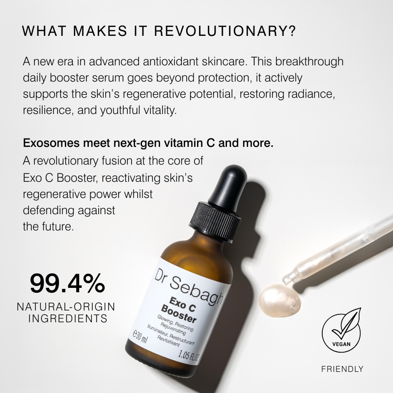 Dr Sebagh Exo C Booster antioxidant serum with dropper, highlighting plant-derived exosomes and next-generation vitamin C for radiant skin
